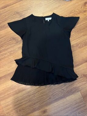 Madison Black Flutter Sleeve Ruffle Pleated Hem Blouse
